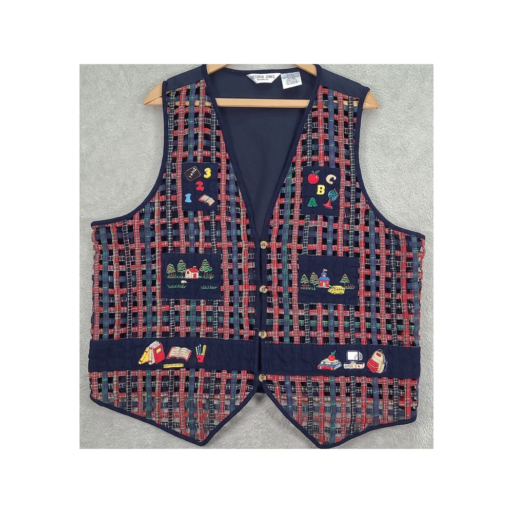 Victoria Jones Woman 3X Plaid Patchwork Applique Vest‎ School Teacher Academia